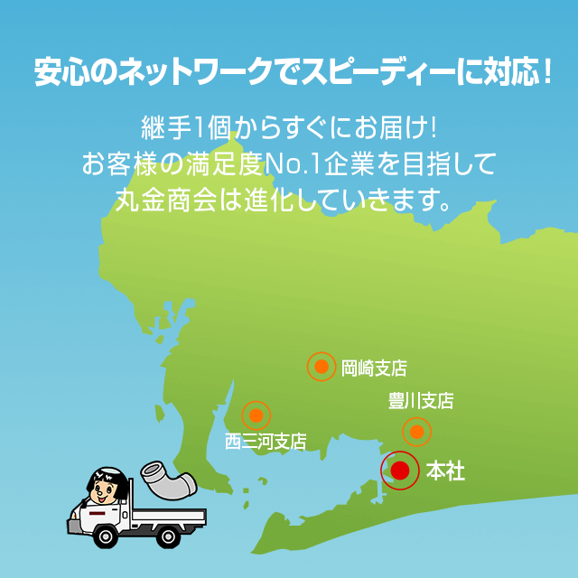 安心のネットワークでスピーディーに対応！継手1個からすぐにお届け！お客様の満足度No.1企業を目指して、丸金商会は進化しています。